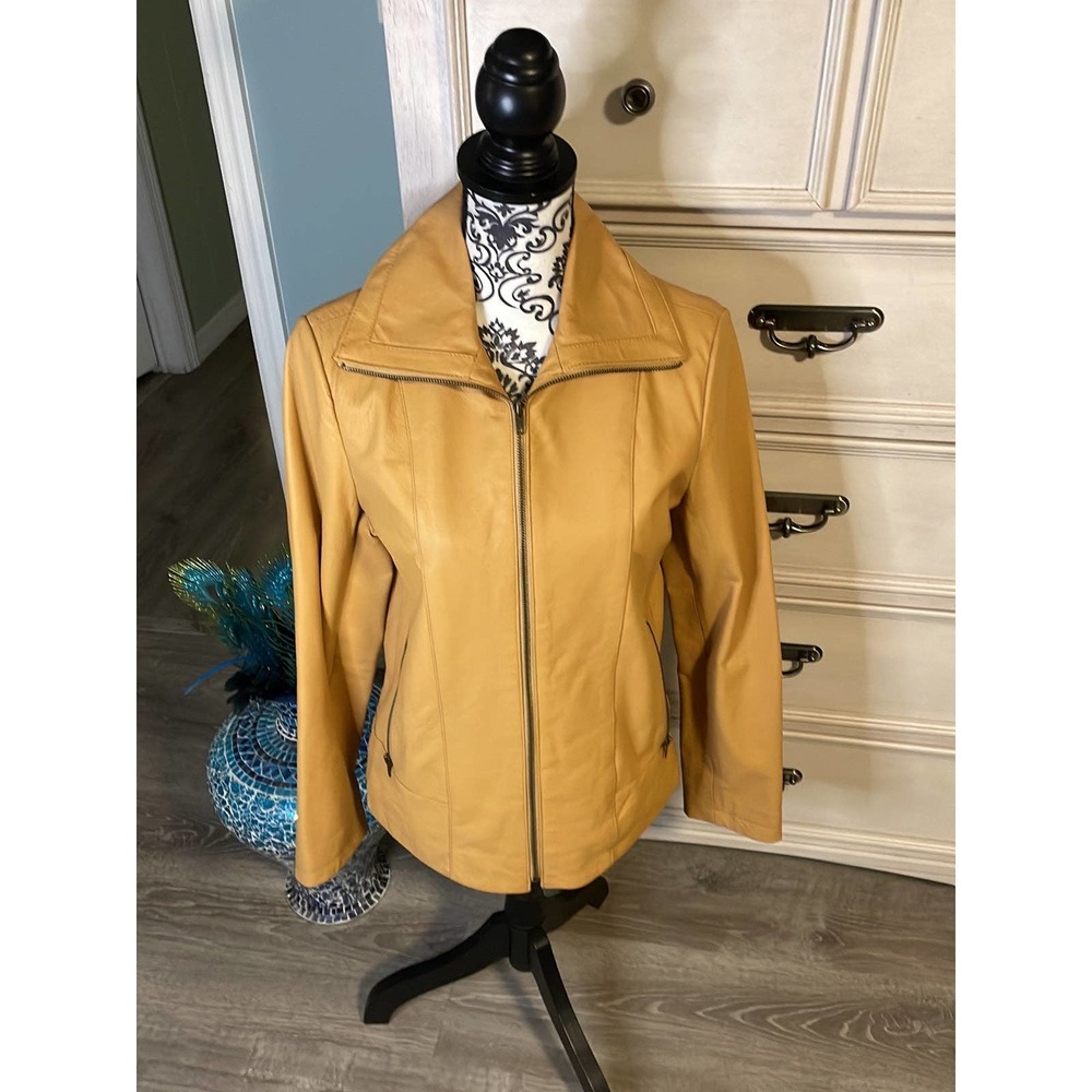 Women’s leather camel colored, long sleeve, stylish jacket, small